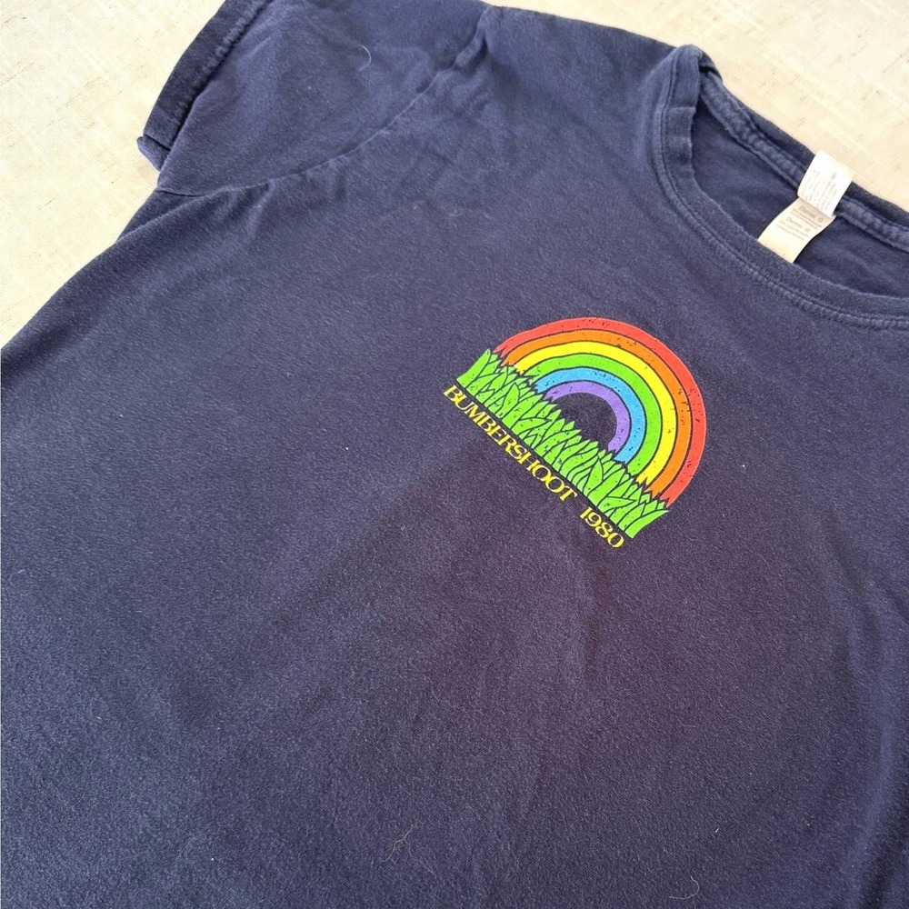 Bumbershoot 1980 Rainbow Graphic Tee Navy Blue Seattle Music Festival Ladies